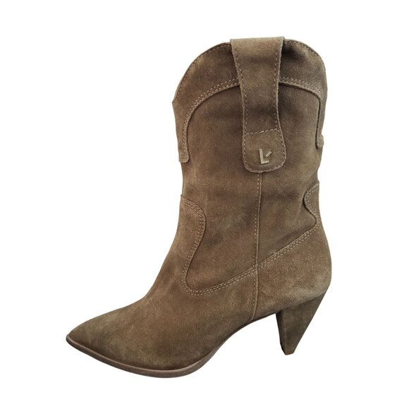 Larroude Thelma Camel Suede Western Heeled Boots Women's Hand Made, Size 7 NWOB - Picture 2 of 9